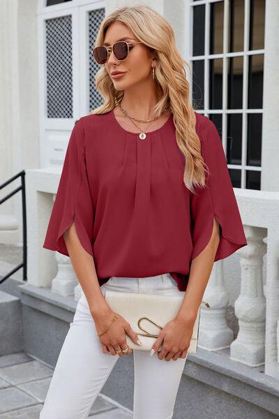 Round Neck Slit Half Sleeve Top - Trendsi