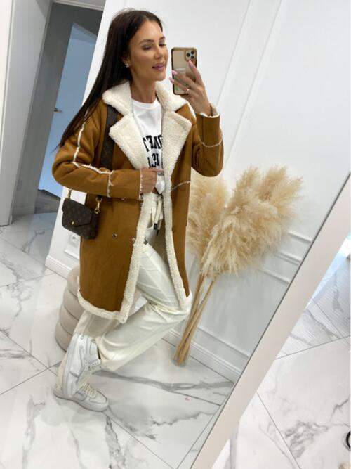 Lapel Collar Exposed Seam Buttoned Coat - Trendsi - Flyclothing LLC