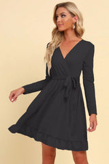 Long Sleeve Tie Waist Ruffle Hem Dress - Trendsi - Flyclothing LLC