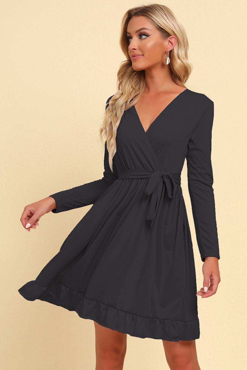Long Sleeve Tie Waist Ruffle Hem Dress - Trendsi - Flyclothing LLC