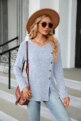 Buttoned Long Sleeve Slit Top - Trendsi