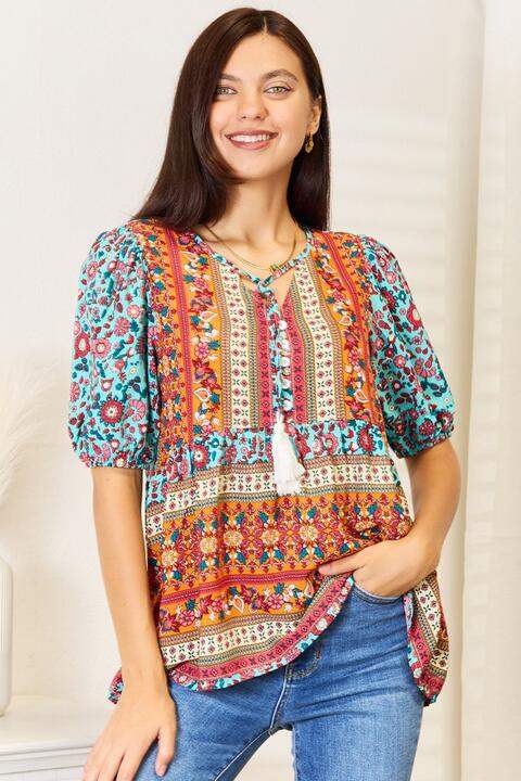 Double Take Bohemian Tassel Tie Puff Sleeve Babydoll Blouse - Trendsi - Flyclothing LLC