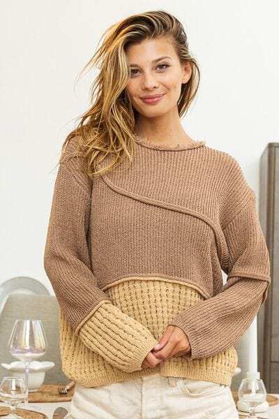 BiBi Texture Detail Contrast Drop Shoulder Sweater - Trendsi - Flyclothing LLC