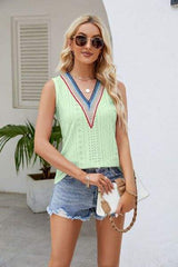 Contrast Eyelet V-Neck Tank - Trendsi - Flyclothing LLC