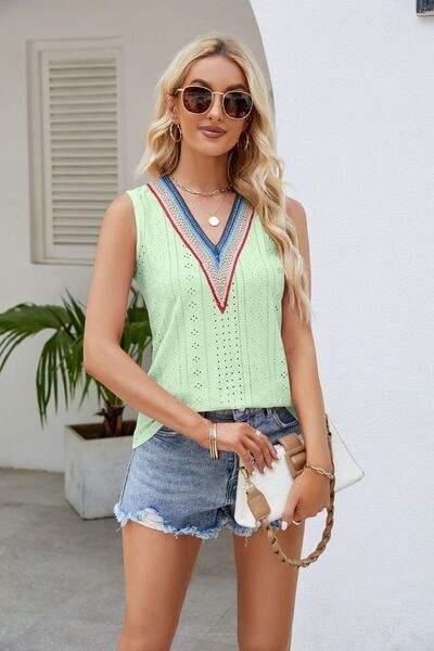 Contrast Eyelet V-Neck Tank - Trendsi - Flyclothing LLC