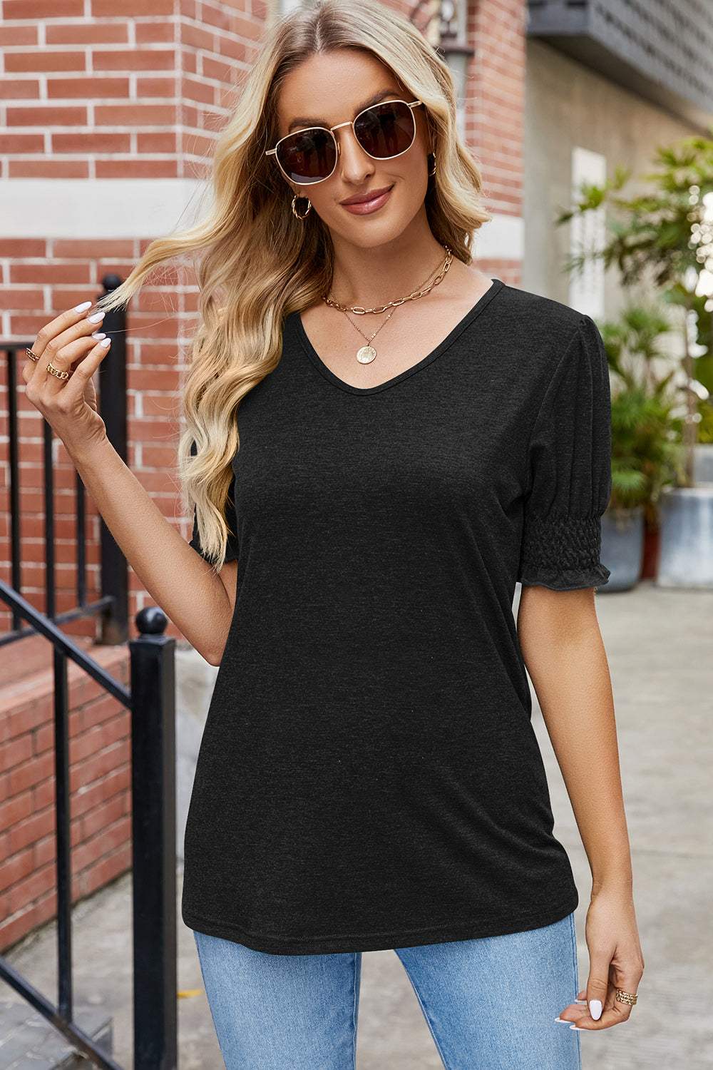 V-Neck Smocked Short Sleeve T-Shirt - Trendsi - Flyclothing LLC