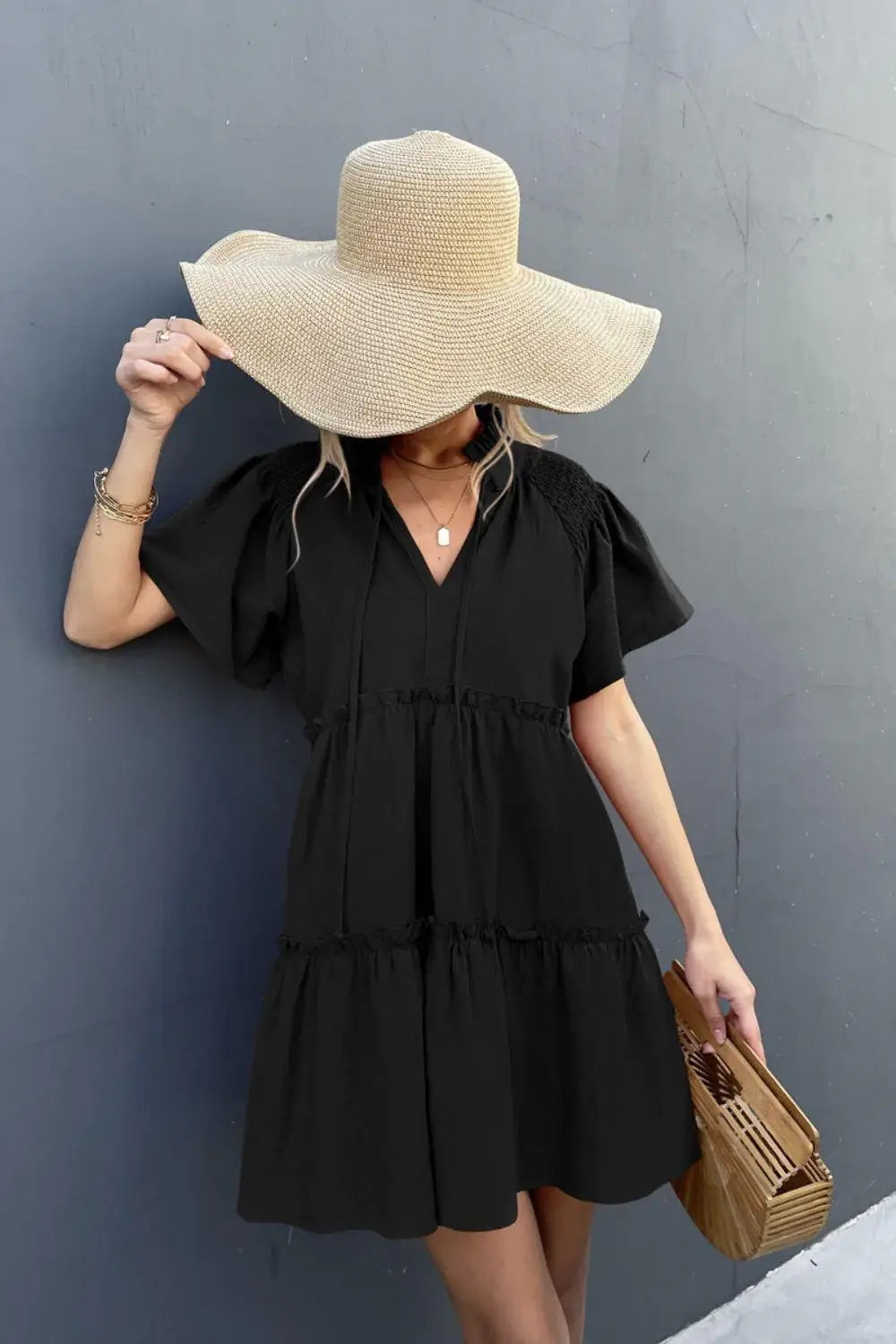 Frill Trim Smocked Tie Neck Dress - Trendsi - Flyclothing LLC