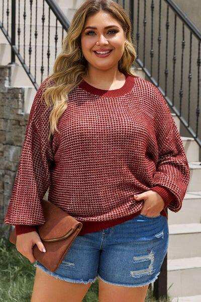 Plus Size Waffle-Knit Round Neck Dropped Shoulder Sweater - Trendsi - Flyclothing LLC