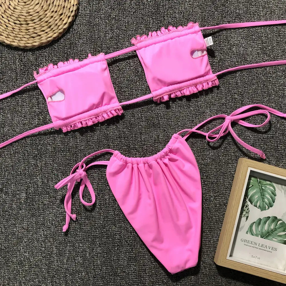 Frill Trim Ruched Bikini Set - Trendsi - Flyclothing LLC
