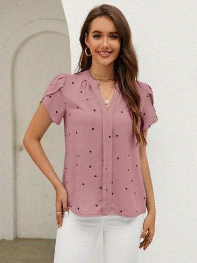 Heart Print Notched Petal Sleeve Blouse - Trendsi - Flyclothing LLC