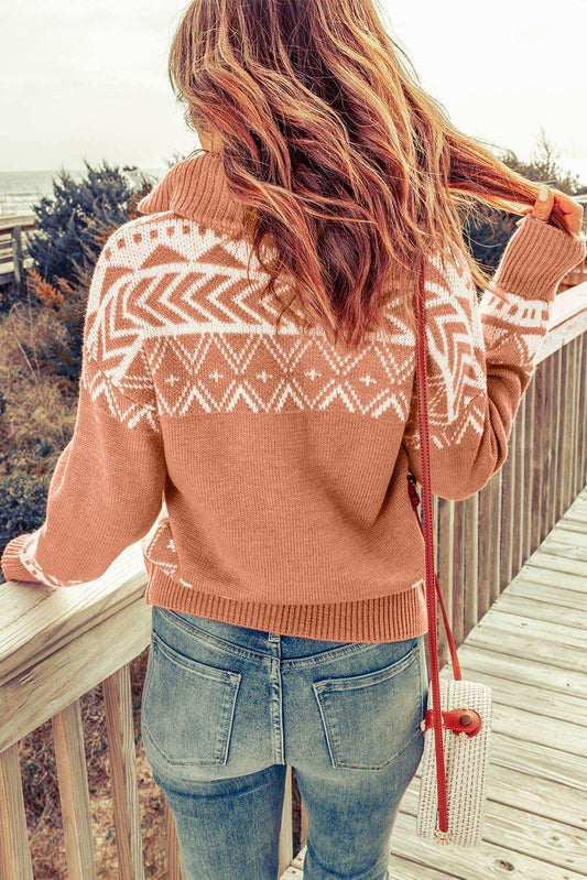 Zip-Up Mock Neck Dropped Shoulder Pullover Sweater - Trendsi - Flyclothing LLC