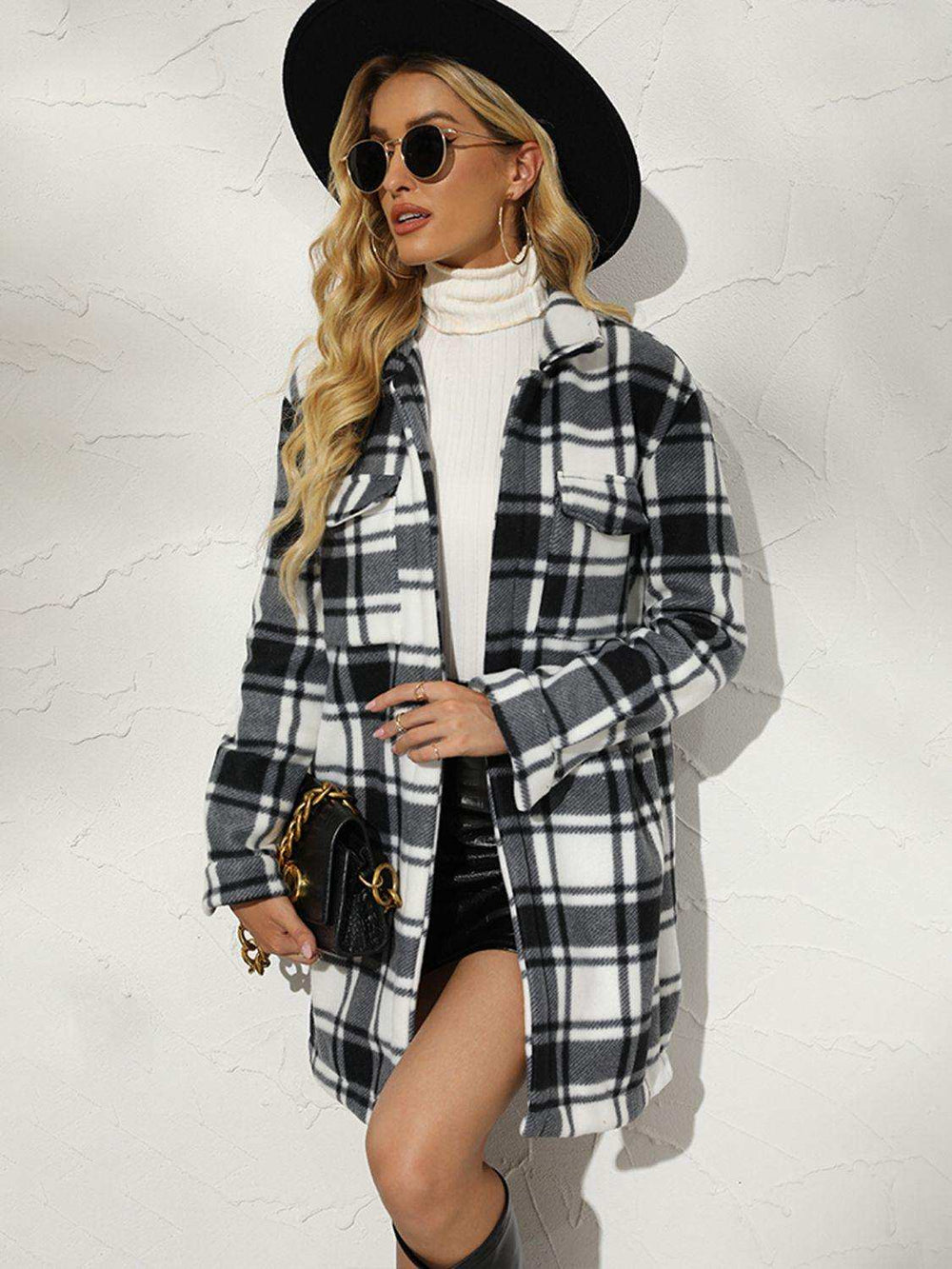 Plaid Collared Longline Coat - Trendsi - Flyclothing LLC