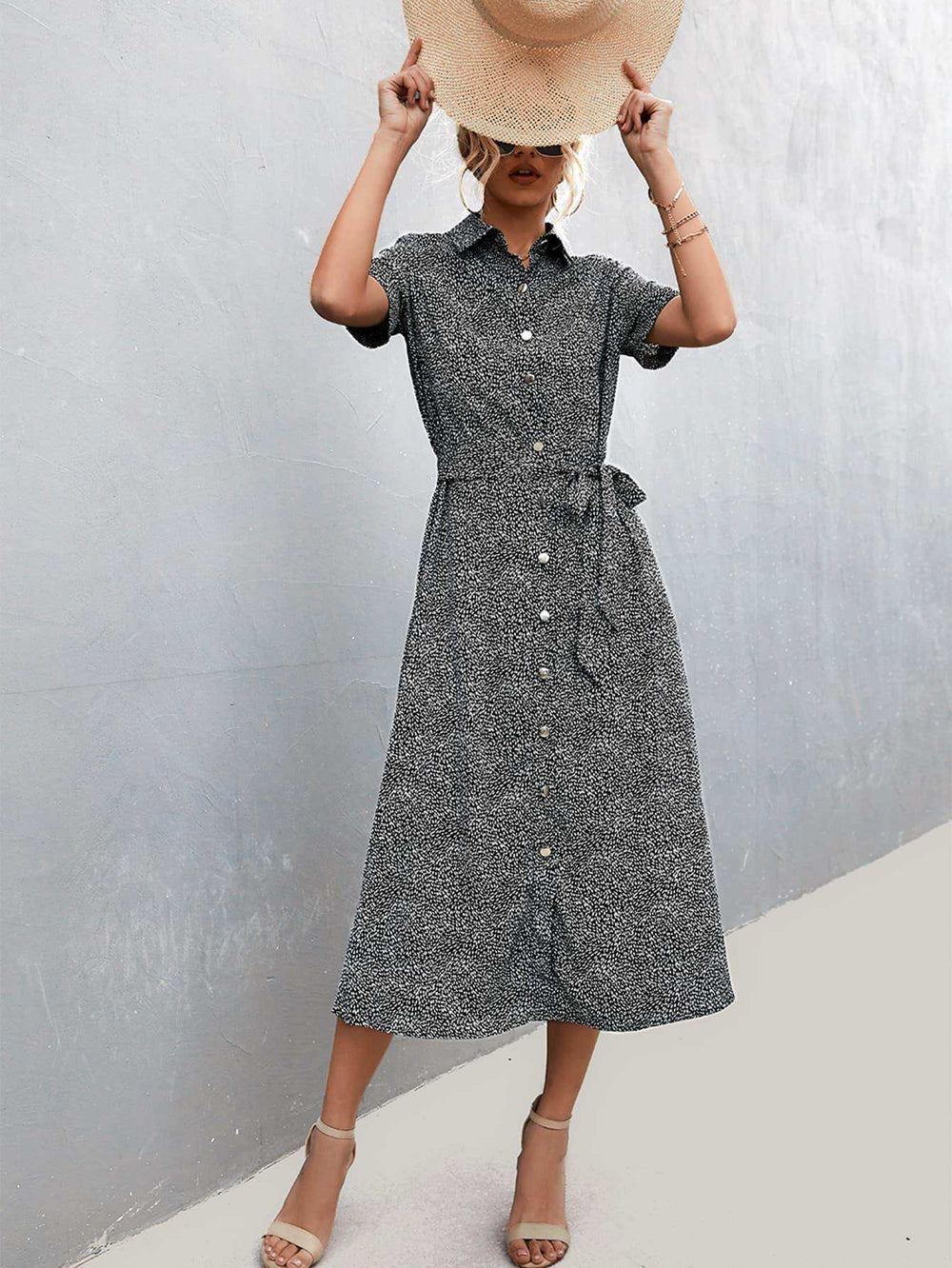 Printed Tie Waist Short Sleeve Shirt Dress - Trendsi - Flyclothing LLC