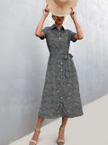 Printed Tie Waist Short Sleeve Shirt Dress - Trendsi - Flyclothing LLC