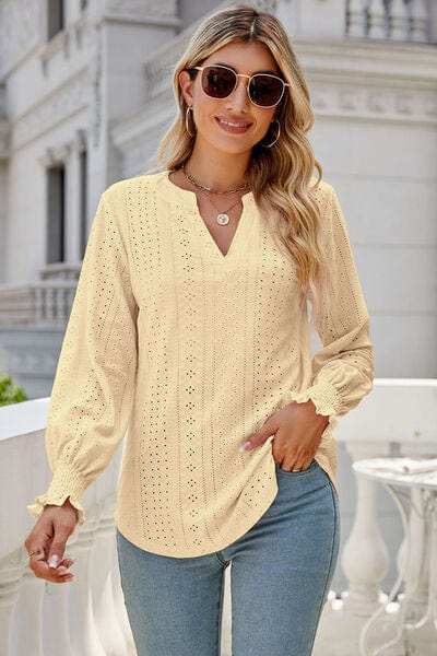 Eyelet Notched Lantern Sleeve T-Shirt - Trendsi - Flyclothing LLC