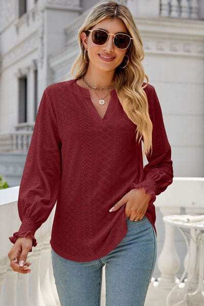 Eyelet Notched Lantern Sleeve T-Shirt - Trendsi - Flyclothing LLC