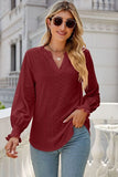 Eyelet Notched Lantern Sleeve T-Shirt - Trendsi