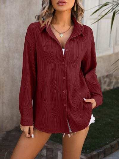 Button Up Dropped Shoulder Shirt - Trendsi - Flyclothing LLC