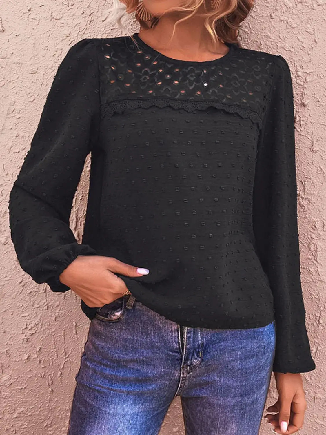 Swiss Dot Lace Trim Long Sleeve Blouse - Trendsi - Flyclothing LLC