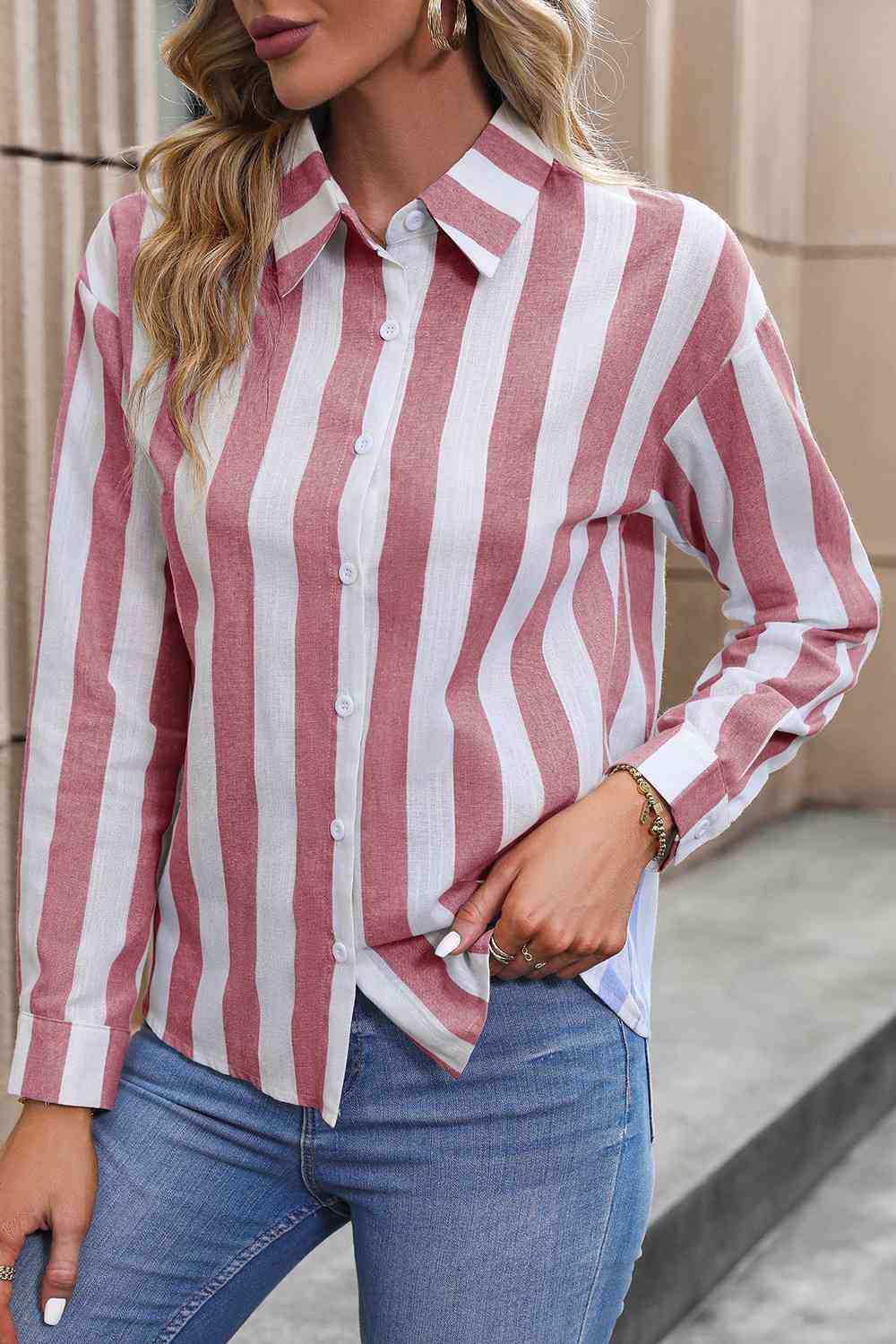 Striped Long Sleeve Shirt - Trendsi - Flyclothing LLC