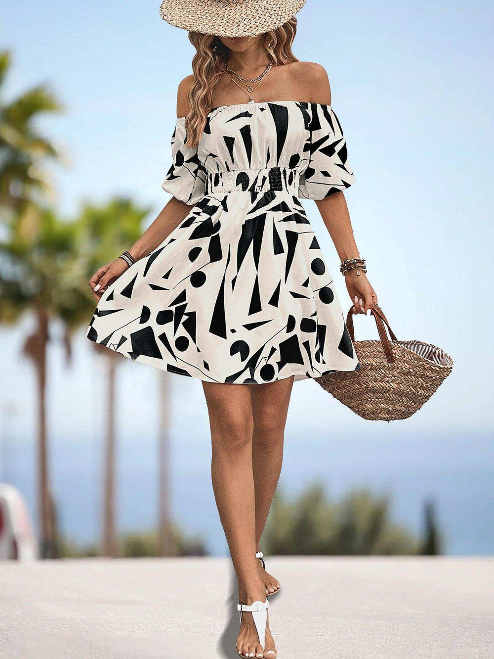Printed Off-Shoulder Smocked Waist Dress - Trendsi - Flyclothing LLC