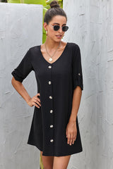 Buttoned V-Neck Dress - Trendsi