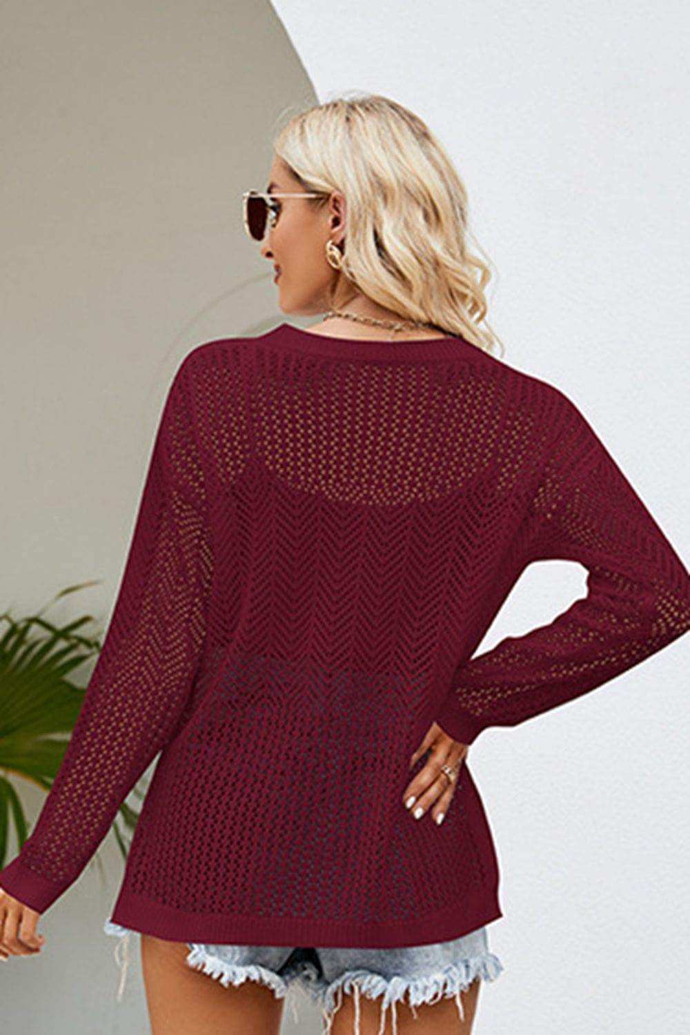 Lace-Up Slit Knit Top - Trendsi - Flyclothing LLC