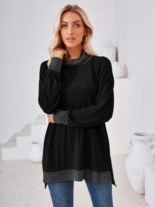 Contrast Mock Neck Long Sleeve T-Shirt - Trendsi - Flyclothing LLC