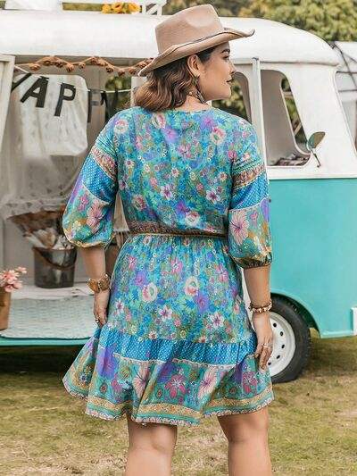Plus Size Printed Tie Neck Mini Dress - Trendsi - Flyclothing LLC