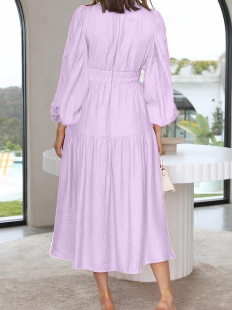 Deep V-Neck Balloon Sleeve Plain Maxi Dress - Trendsi