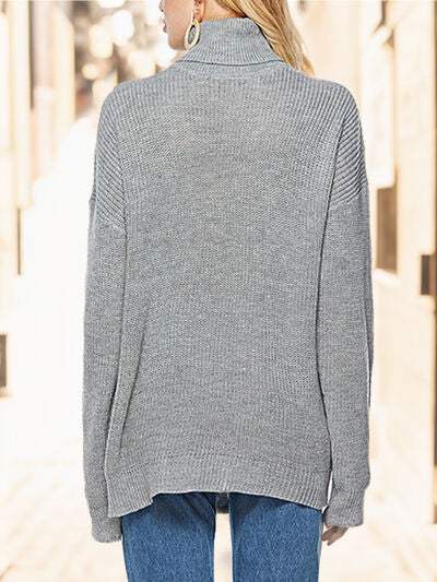 Turtleneck Drop Shoulder Long Sleeve Sweater - Trendsi - Flyclothing LLC