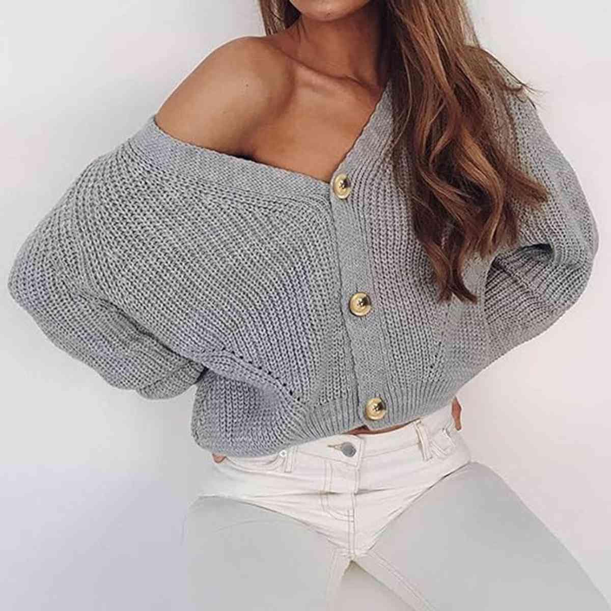 Button Up V-Neck Long Sleeve Cardigan - Trendsi