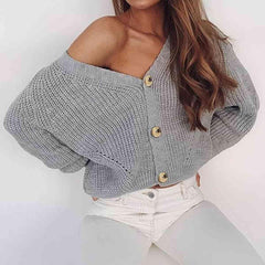 Button Up V-Neck Long Sleeve Cardigan - Trendsi