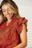 Double Take Floral Flutter Sleeve Notched Neck Blouse - Trendsi - Flyclothing LLC