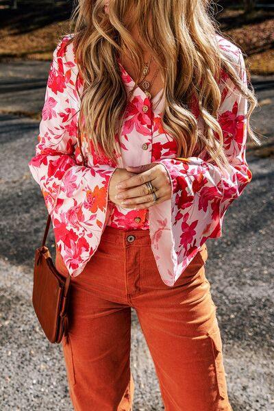 Floral Flare Sleeve Button Up V-Neck Bodysuit - Trendsi