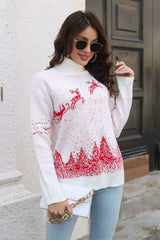 Reindeer & Snow Pattern Turtle Neck Pullover Sweater - Trendsi - Flyclothing LLC