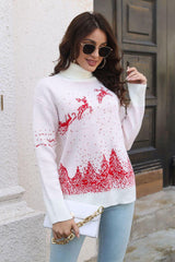 Reindeer & Snow Pattern Turtle Neck Pullover Sweater - Trendsi