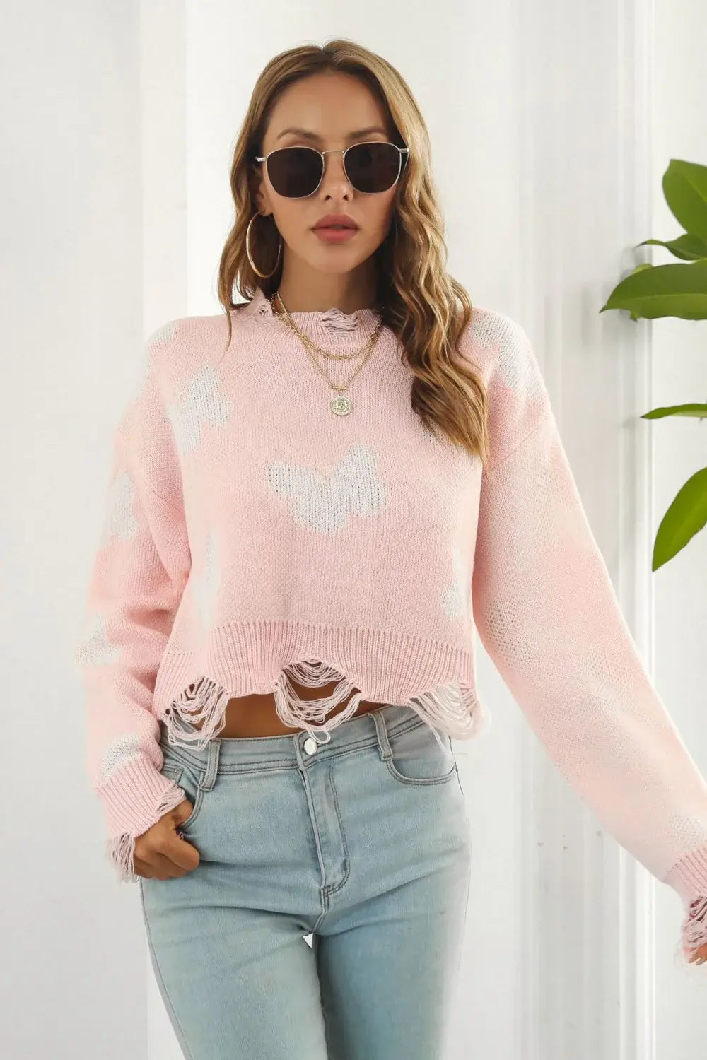 Printed Round Neck Ribbed Long Sleeve Sweater - Trendsi - Flyclothing LLC