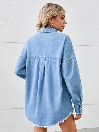 Distressed Raw Hem Dropped Shoulder Denim Jacket - Trendsi - Flyclothing LLC
