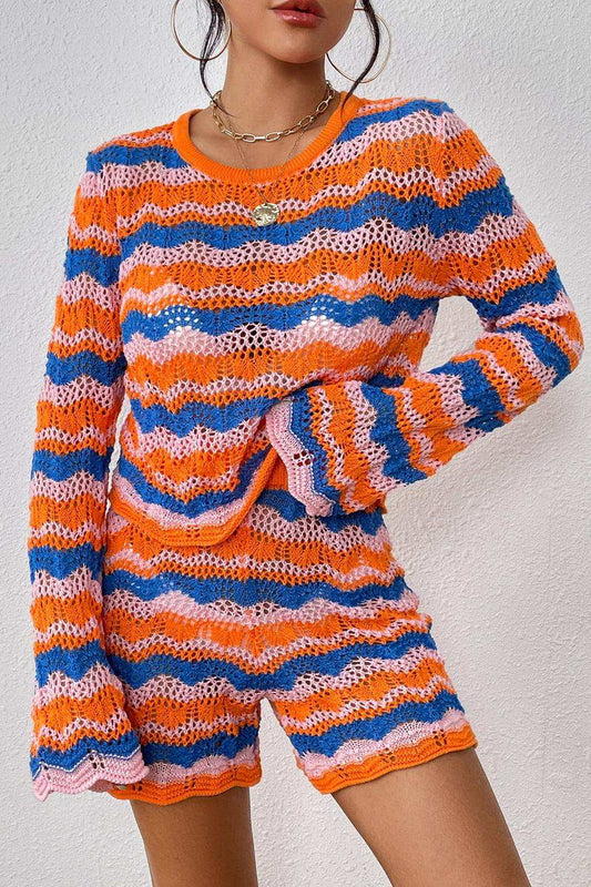 Striped Sweater and Knit Shorts Set - Trendsi - Flyclothing LLC