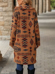 Geometric Pocketed Dropped Shoulder Coat - Trendsi