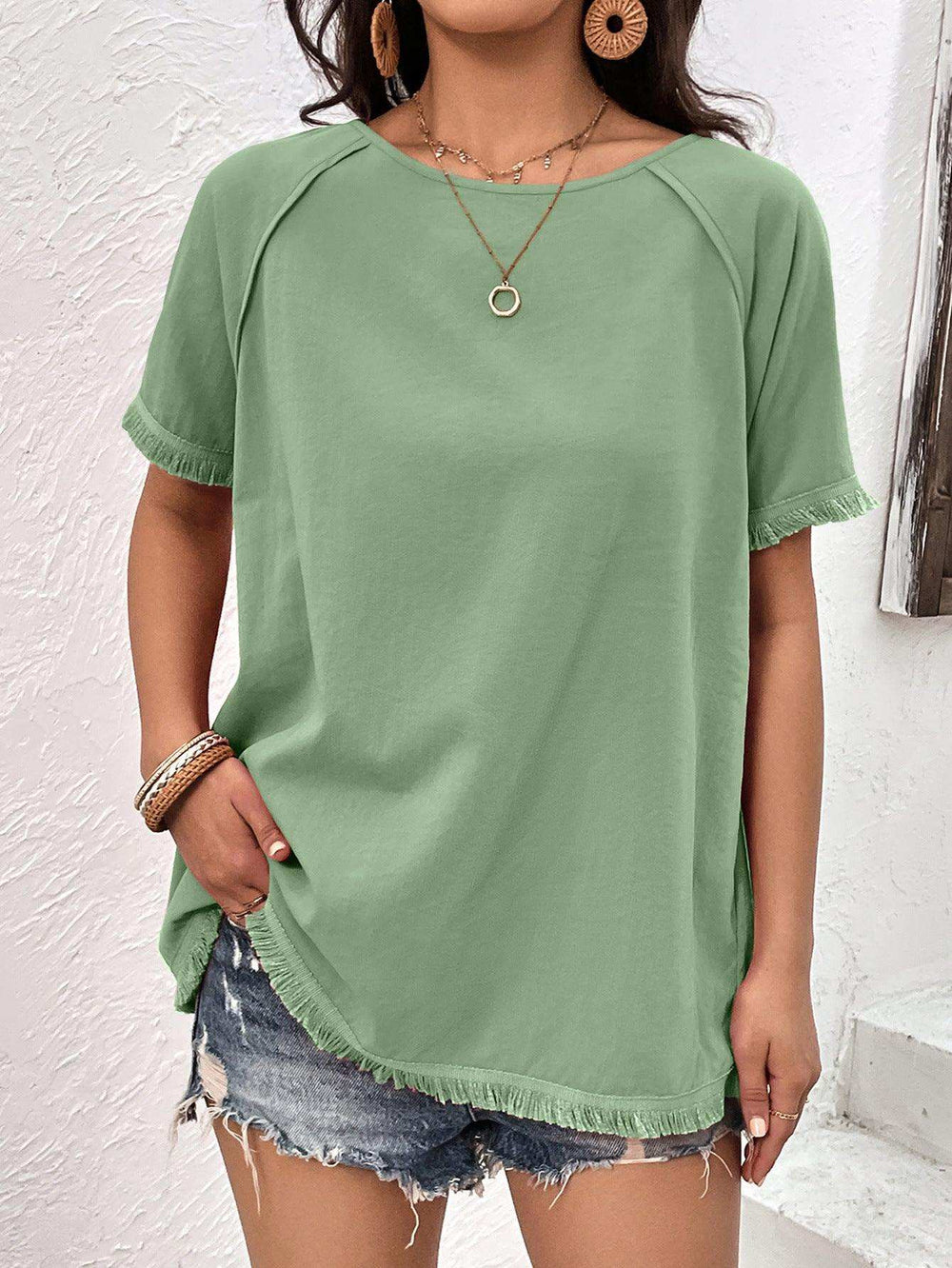 Round Neck Raglan Sleeve Fringe Detail Top - Trendsi - Flyclothing LLC