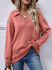 Collared Neck Dropped Shoulder Sweatshirt - Trendsi