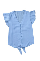 V-Neck Tie Hem Flutter Sleeve Blouse - Trendsi - Flyclothing LLC