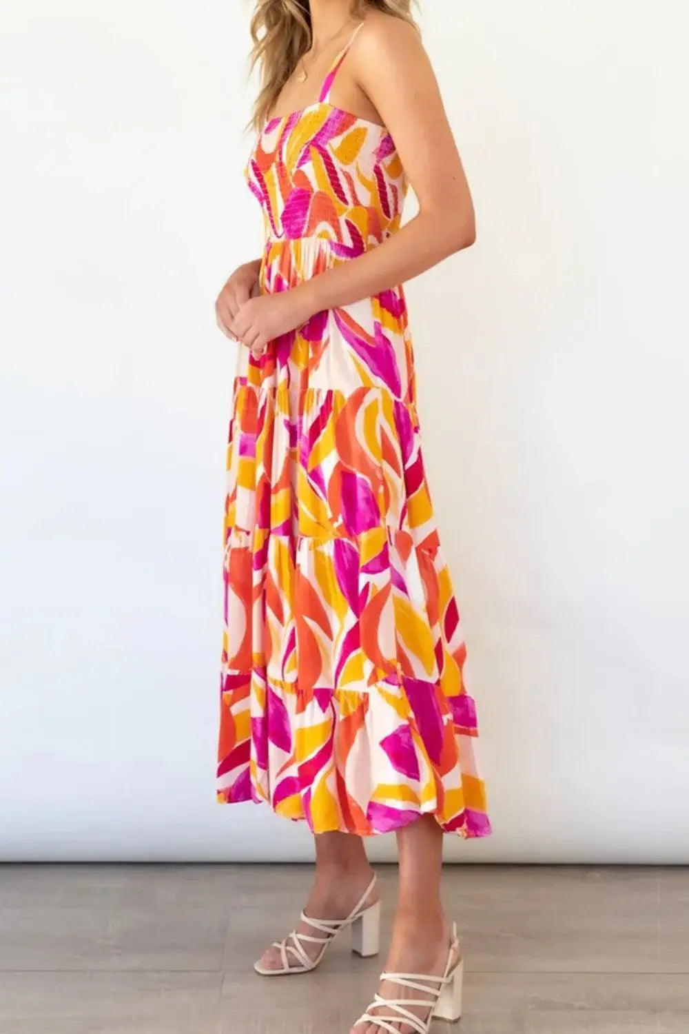 Printed Smocked Square Neck Tiered Sleeveless Dress - Trendsi - Flyclothing LLC