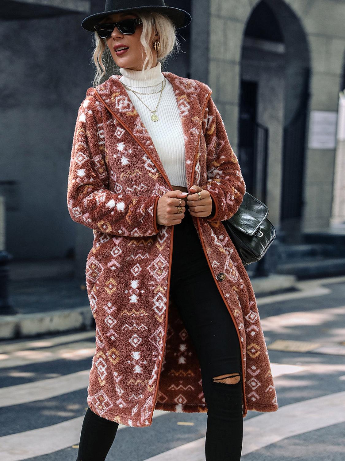 Geometric Button Down Hooded Fleece Coat - Trendsi