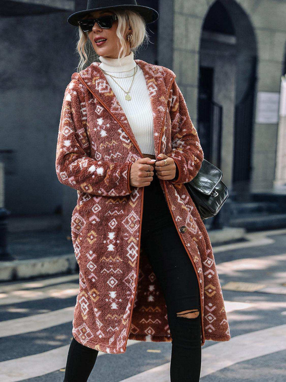 Geometric Button Down Hooded Fleece Coat - Trendsi - Flyclothing LLC