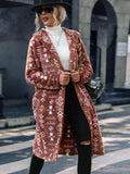 Geometric Button Down Hooded Fleece Coat - Trendsi