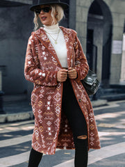 Geometric Button Down Hooded Fleece Coat - Trendsi