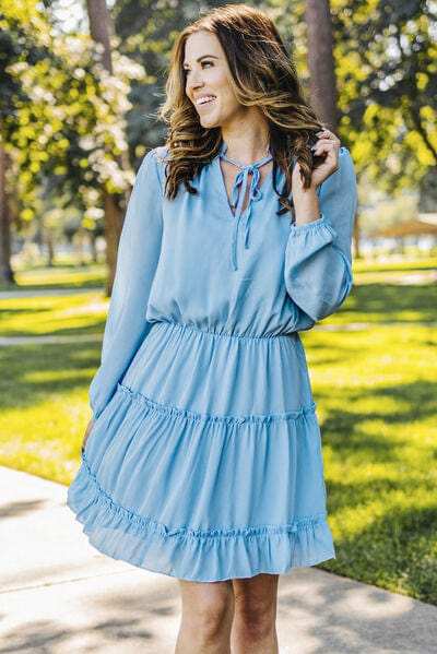 Frill Tie Neck Balloon Sleeve Dress - Trendsi - Flyclothing LLC
